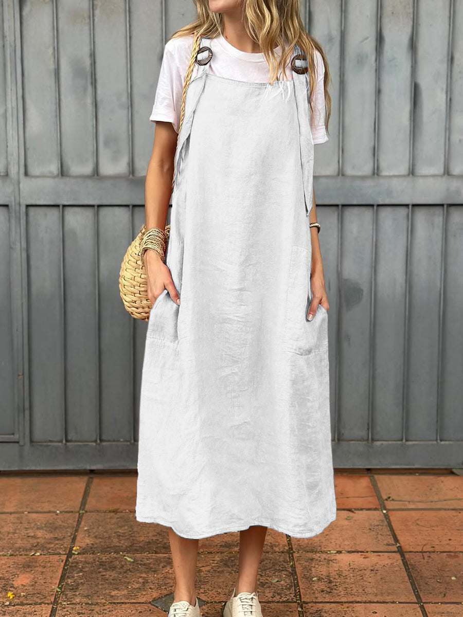 Women's Adjustable Shoulder Strap Pocket Cotton and Linen Dress