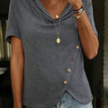 Women's Elegant Solid Color Ruffled Collar Button 100% Cotton Short-sleeved T-shirt