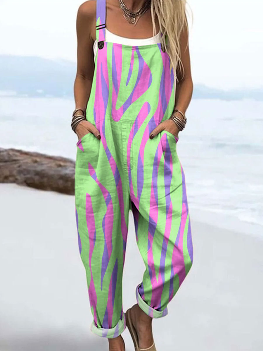 Women's Vintage Colorblock Striped Art Print Casual 100% Cotton Wide Leg Jumpsuit