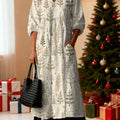 Women's Christmas Tree Art Print Pocket V-neck Cotton Dress