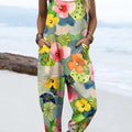 Women's Vintage Art Flower Print Casual 100% Cotton Wide Leg Jumpsuit