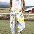 Women's Art Creative Flower Bee Print Casual 100% Cotton Wide Leg Jumpsuit
