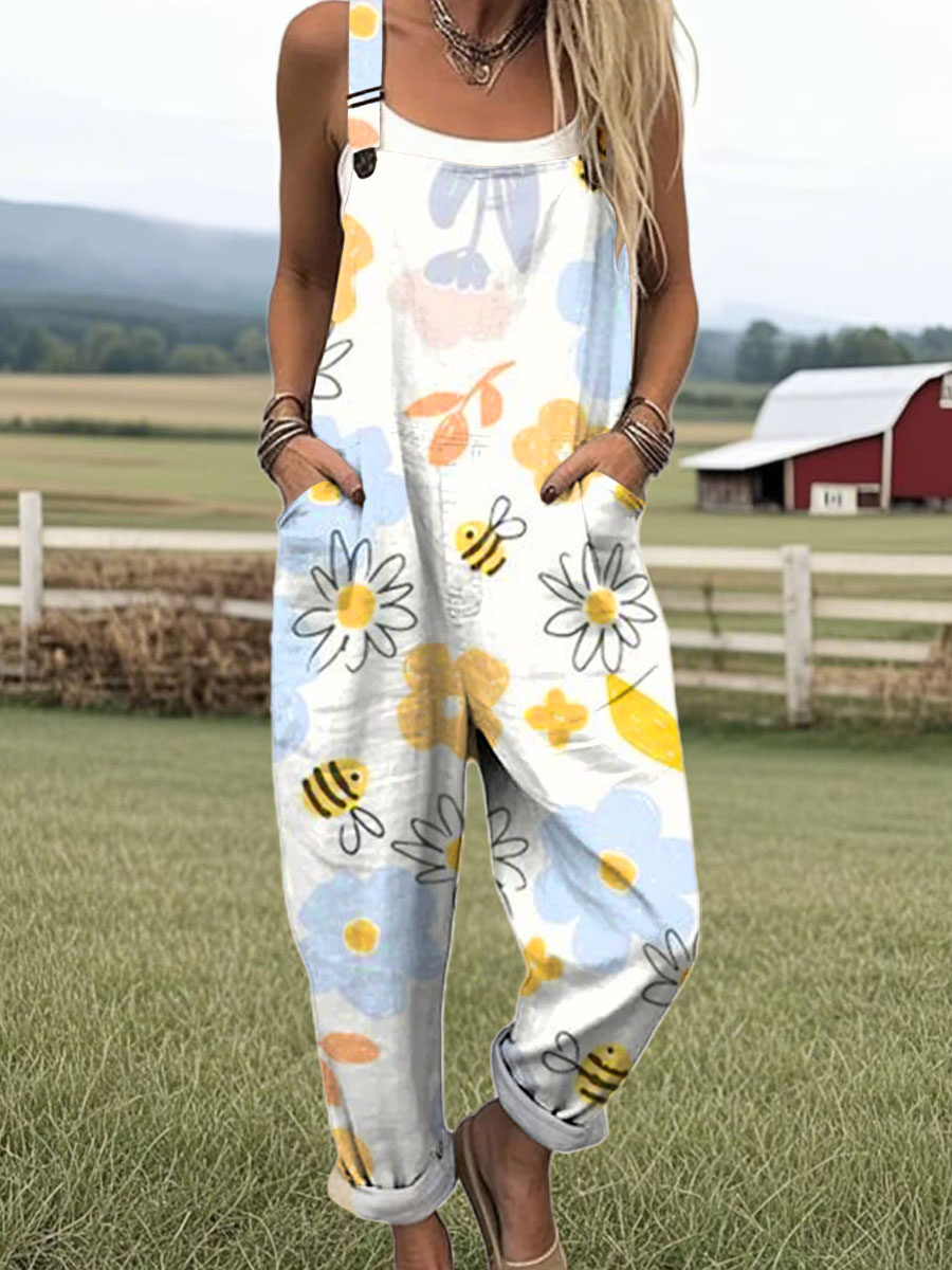 Women's Art Creative Flower Bee Print Casual 100% Cotton Wide Leg Jumpsuit