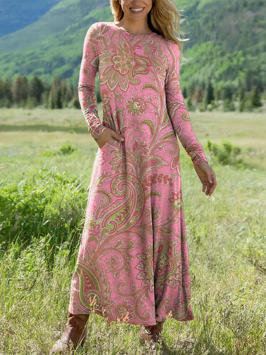 Women's Boho Vintage Flower Art Printed Long-sleeved Casual Dress