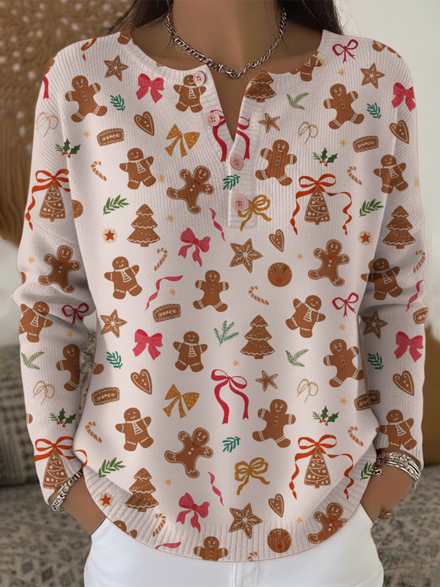 Women's Cute Cookie Print Henley Neck Sweater Top