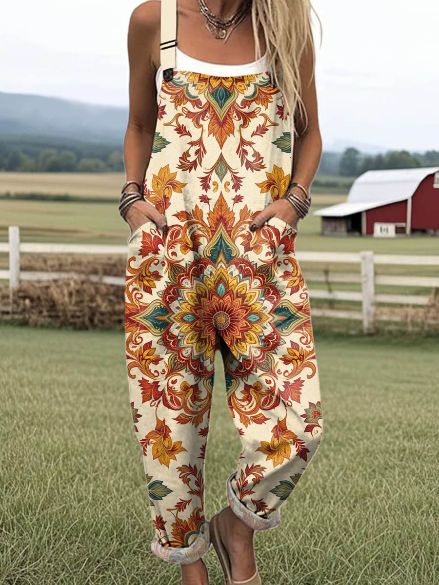 Women's Vintage Floral Art Print Casual 100% Cotton Wide Leg Jumpsuit