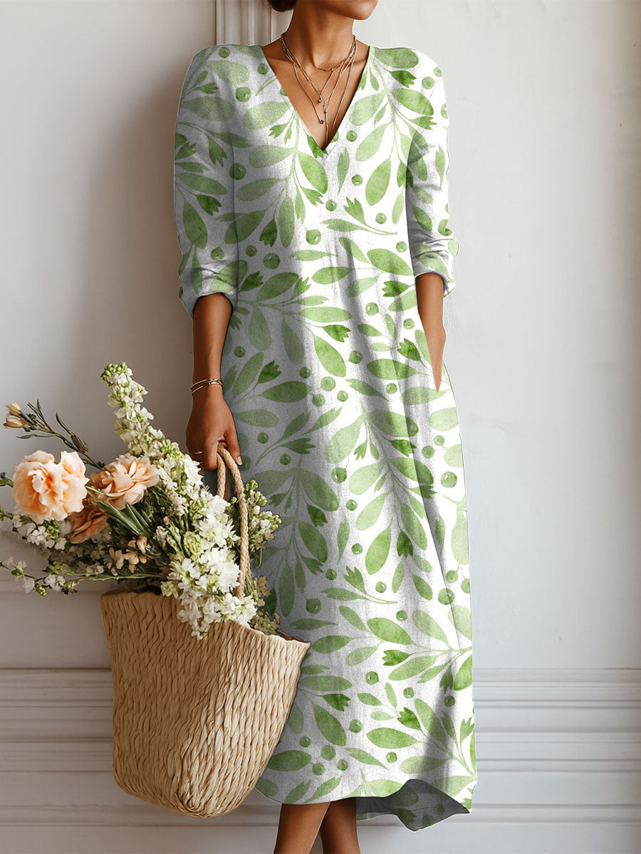 Women's Vintage Flowers Pattern Art Print Linen Pocket Dress