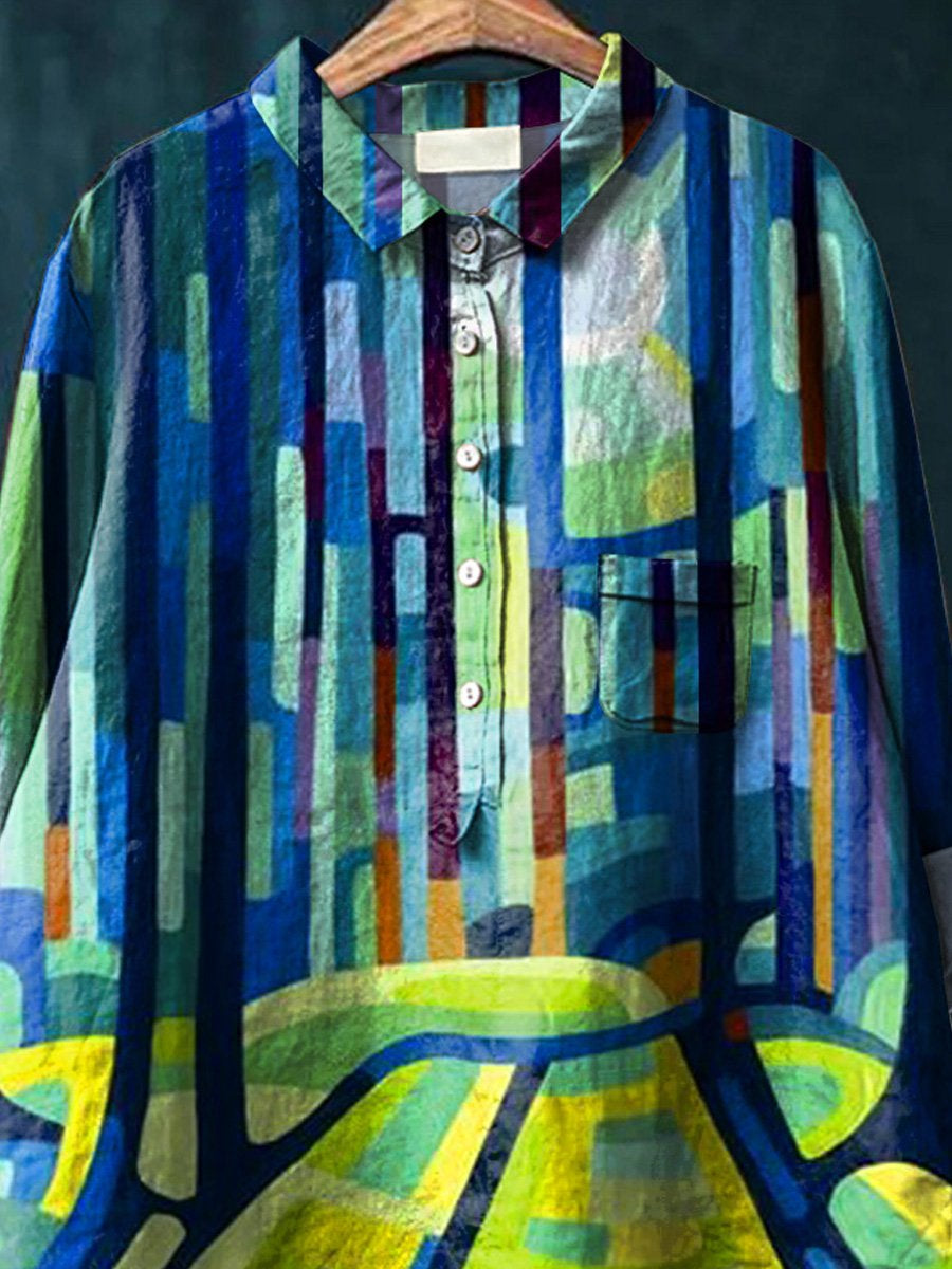 Abstract Summer Woodland Painting Printed Women's Casual Cotton And Linen Shirt