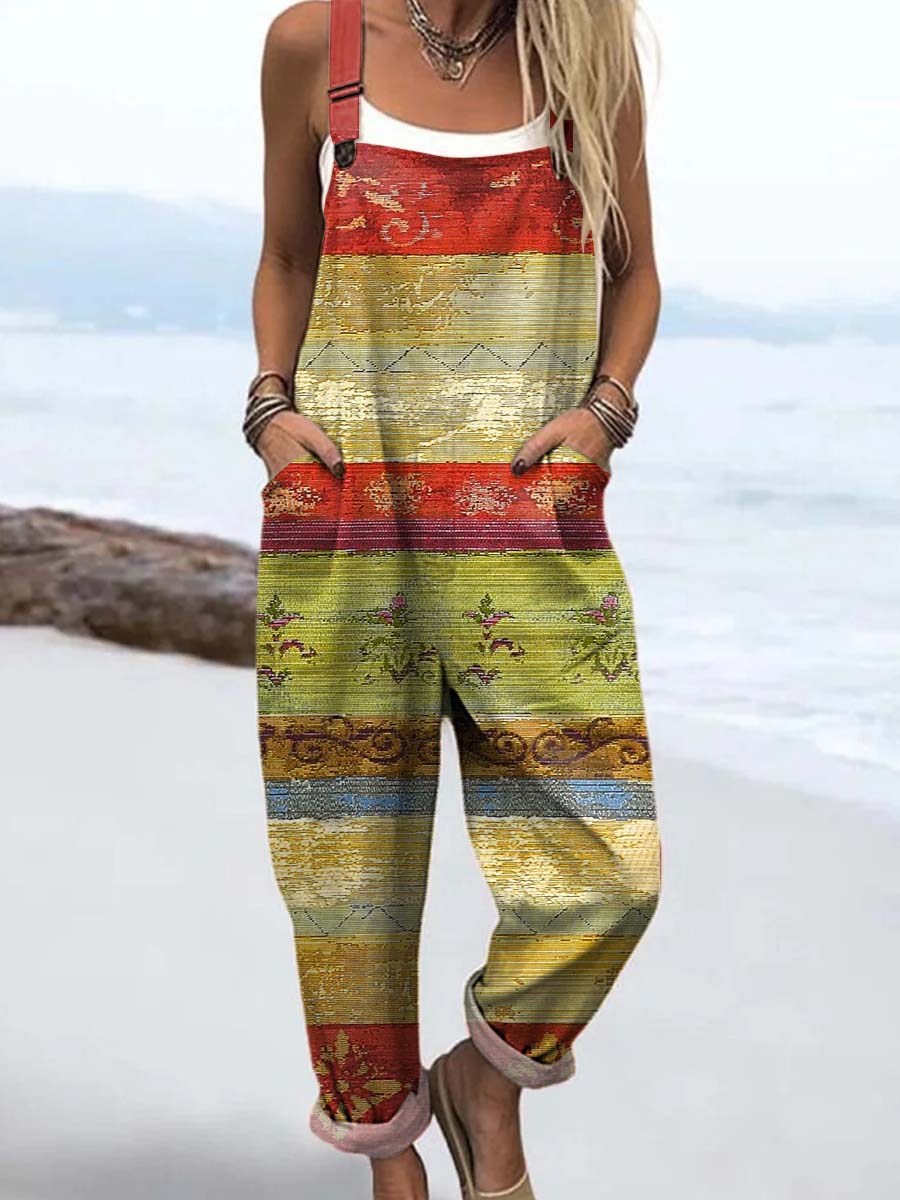 Women's Vintage Floral Art Print Casual 100% Cotton Wide Leg Jumpsuit