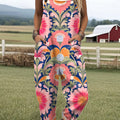 Damen-Jumpsuit mit Vintage-Blumenmuster, lässig, aus 100 % Baumwolle, weites Bein 