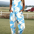 Women's Vintage Bird Art Print Casual 100% Cotton Wide Leg Jumpsuit