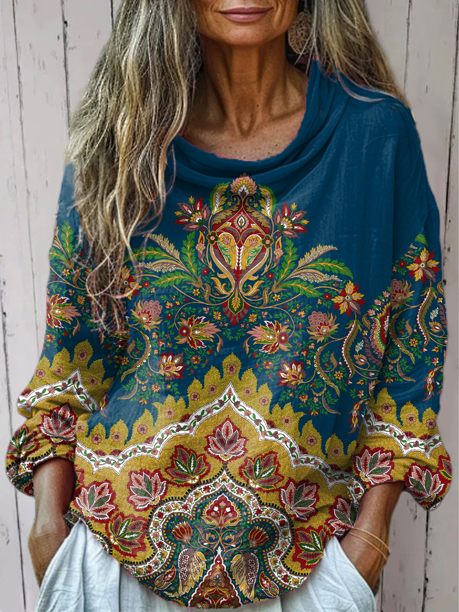 Women's  Vintage Cashew Flower Art Print Casual Long Sleeve Comfortable Cotton Shirt