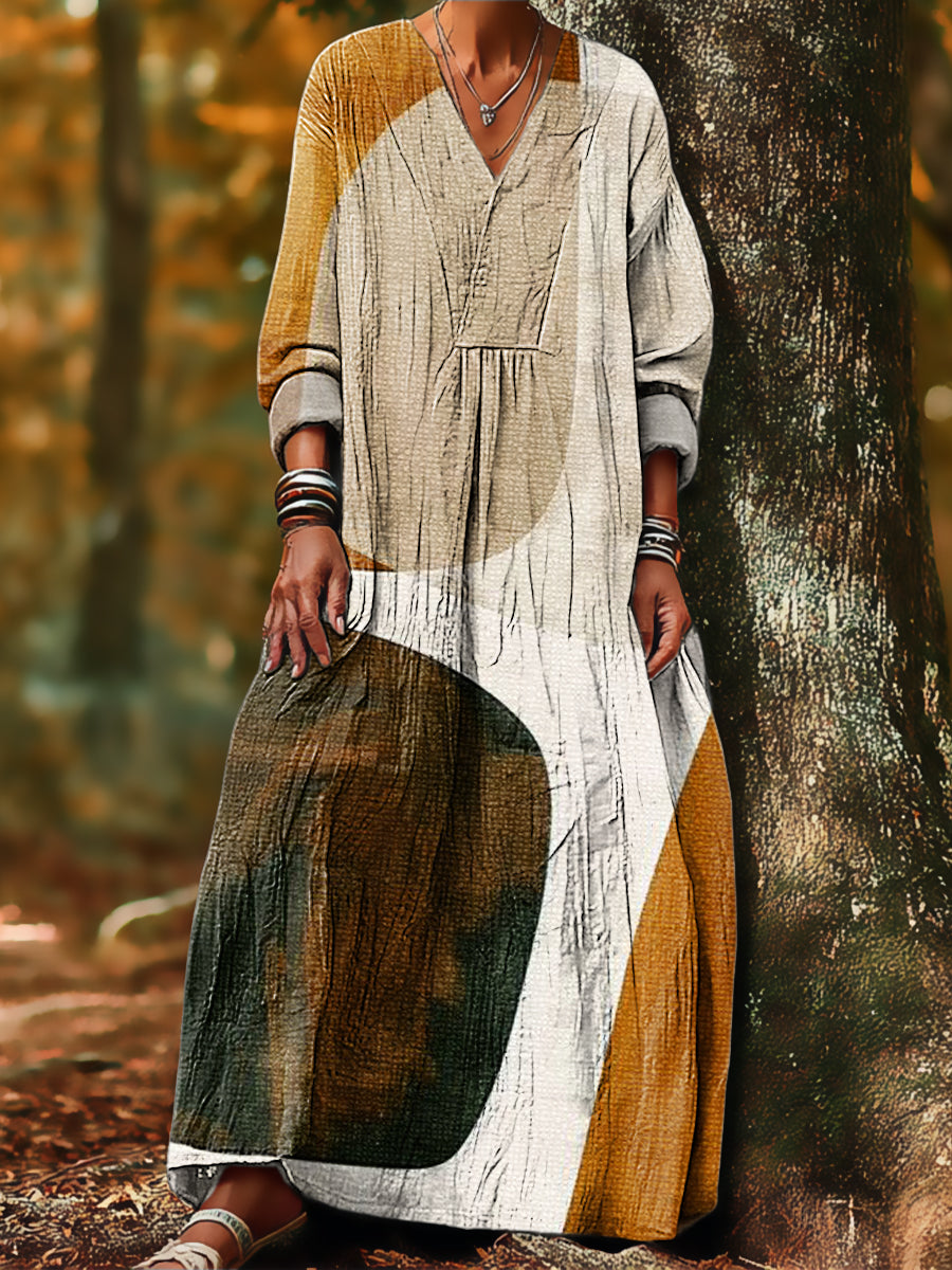 Women's Vintage Abstract Geometric Color Block Painting Art Print Dress