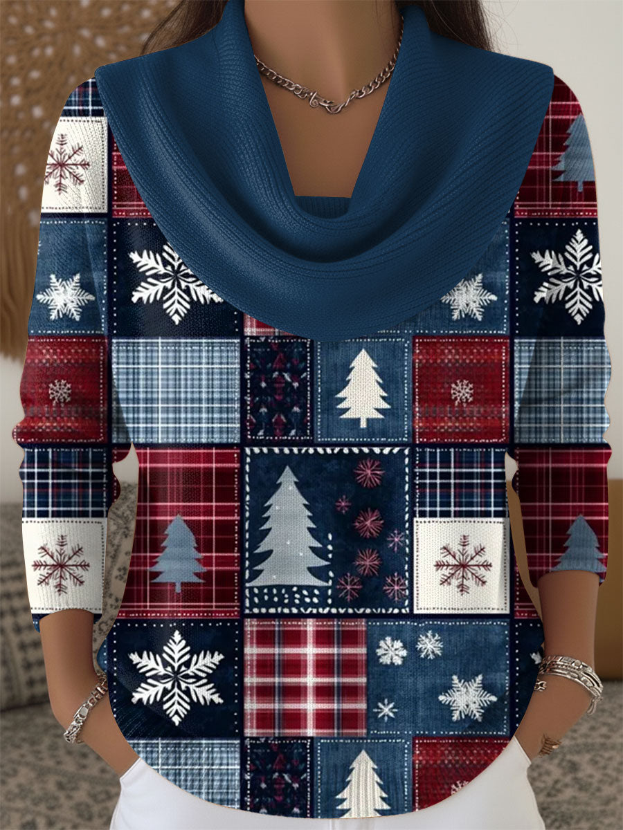Women's Christmas Pattern Print Cowl Neck Sweater