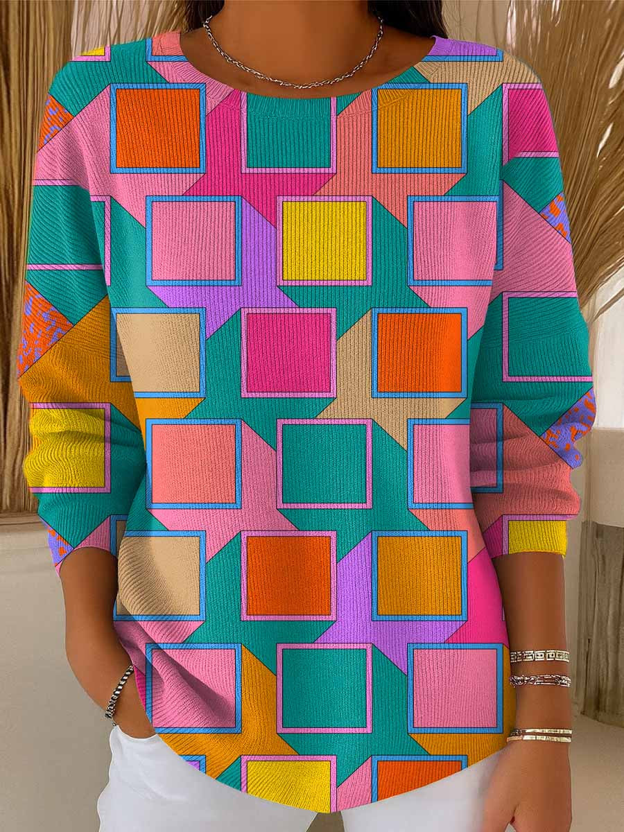 Women's Geometric Pattern Art Print Casual Pullover Sweater