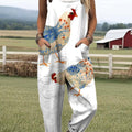 Women's Lovely Chicken Art Print Casual 100% Cotton Wide Leg Jumpsuit