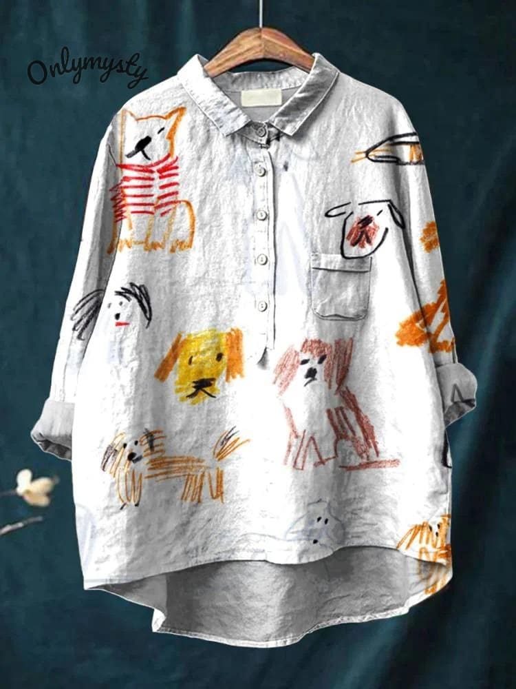 Dog Art Printed Women's Casual Cotton And Linen Shirt