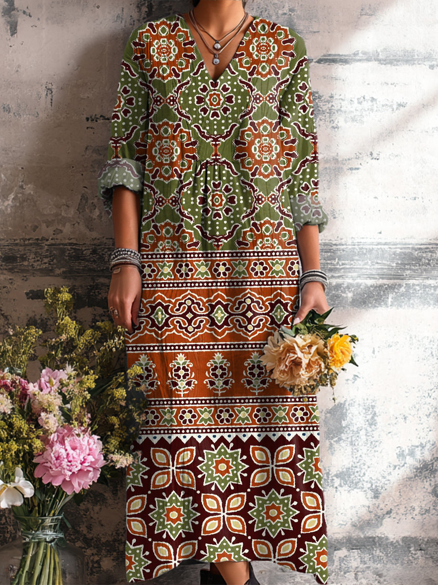 Women's Beautiful Ethnic Geometric Floral Check Art Print Dress