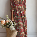 Women's Vintage Flower Art Print Linen Pocket Tunic Dress