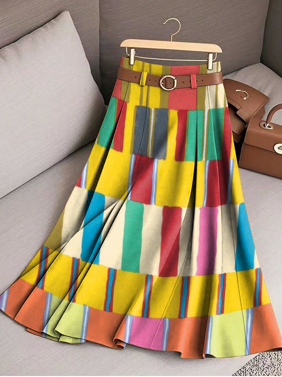 Women's Colorful Geometric Check Art Print Cotton Skirt