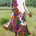 Women's Beautiful Colorful Ethnic Floral Geometric Art Print Long-sleeved Dress
