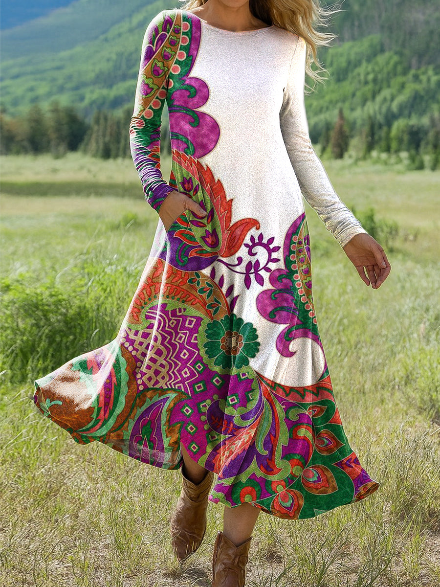 Women's Beautiful Colorful Ethnic Floral Geometric Art Print Long-sleeved Dress