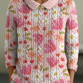 Pull vintage pour femme, imprimé floral rose, col Claudine, manches 3/4