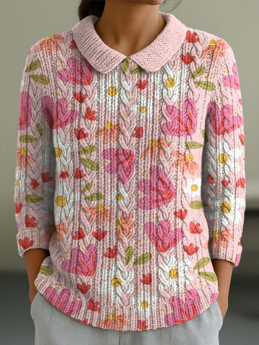 womens-vintage-floral-pink-flowers-art-print-casual-peter-pan-collar-3-4-sleeve-sweater