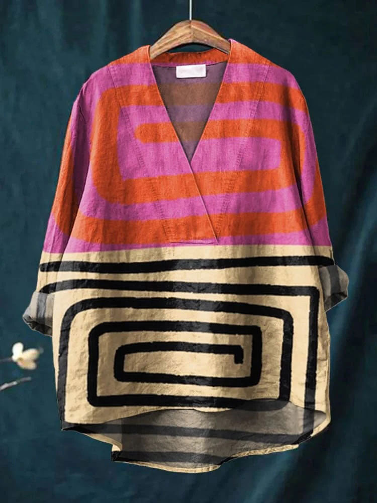 Women's Abstract Color-block Geometry Print Casual Cotton And Linen V-neck Shirt
