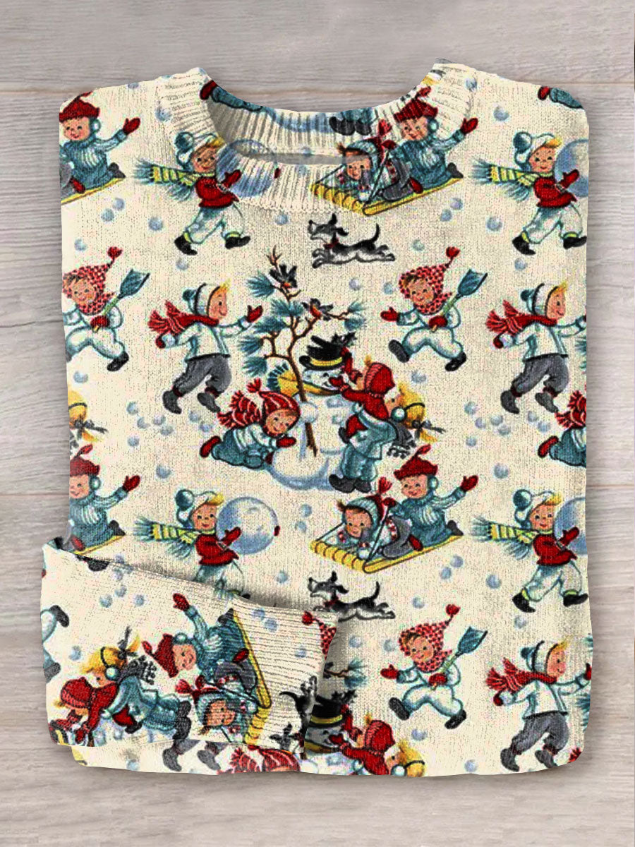 Vintage Christmas Winter Art Print Knit Pullover Sweater
