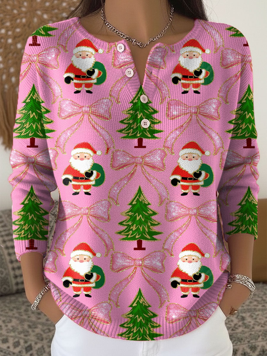 Women's Christmas Tree Santa Art Print Buttoned Cardigan Sweater