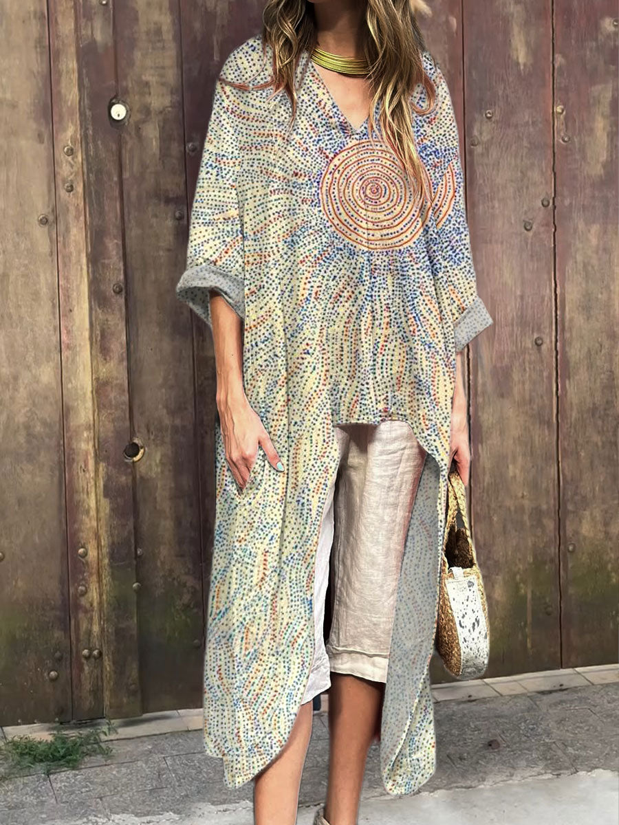 Women's Vintage Art Print V-Neck Cotton Short Sleeve Dress