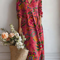 Women's Vintage Floral Art Print Casual Cotton And Linen Pocket Dress