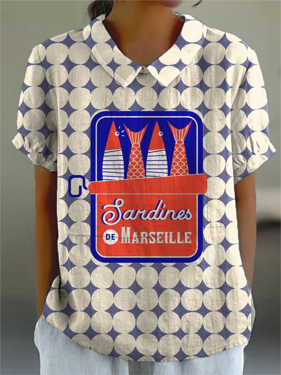 Can Sardine Fish Pattern Printed Women's Casual Cotton And Linen Shirt