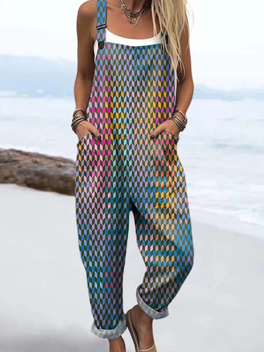 Women's Geometric Pattern Art Print Casual 100% Cotton Wide Leg Jumpsuit