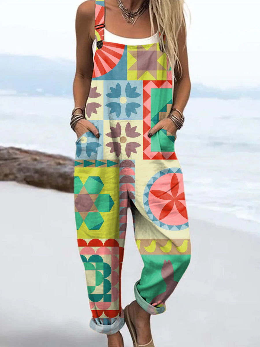 Women's Colourful Art Abstract Geometry Print Casual 100% Cotton Wide Leg Jumpsuit