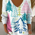 Women's Vintage Christmas Tree Art Print Casual Pullover Sweater