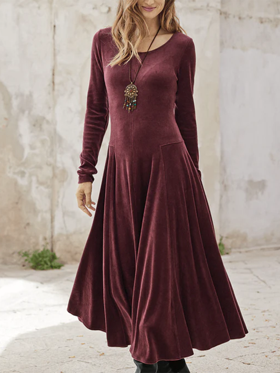 Elegant Solid Color Round Neck Stretch Velvet Midi Dress