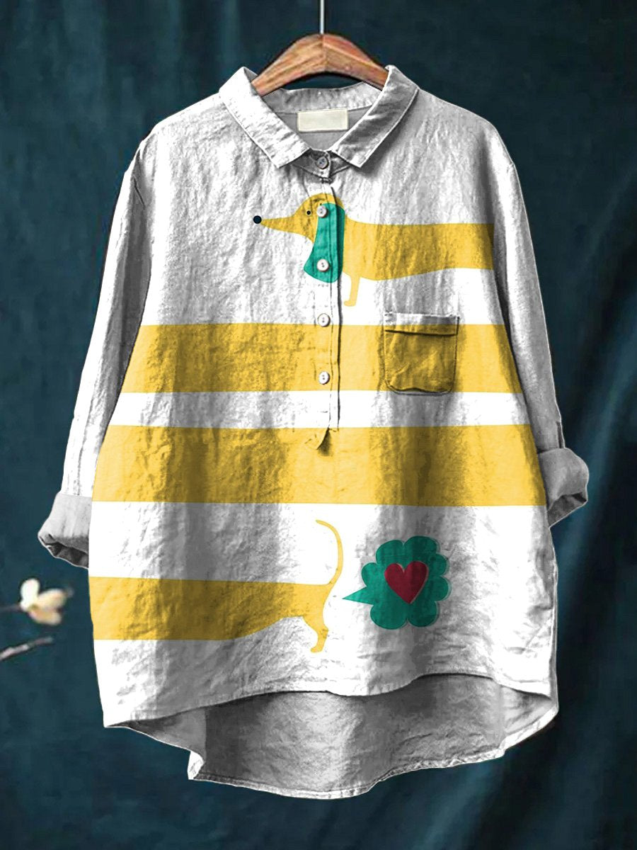 Lovely Dachshund Dog Graphic Printed Women's Casual Cotton And Linen Shirt