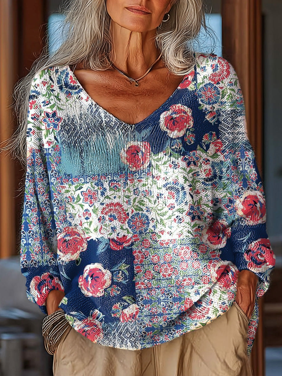 Women's Vintage Ethnic Floral Art Print Casual Pullover Sweater