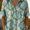 Women's Vintage Botanical Floral Casual Polo Collar Short-sleeved Linen And Cotton Shirt