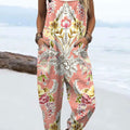 Women's  Vintage Flowers Art Print Casual 100% Cotton Wide Leg Jumpsuit