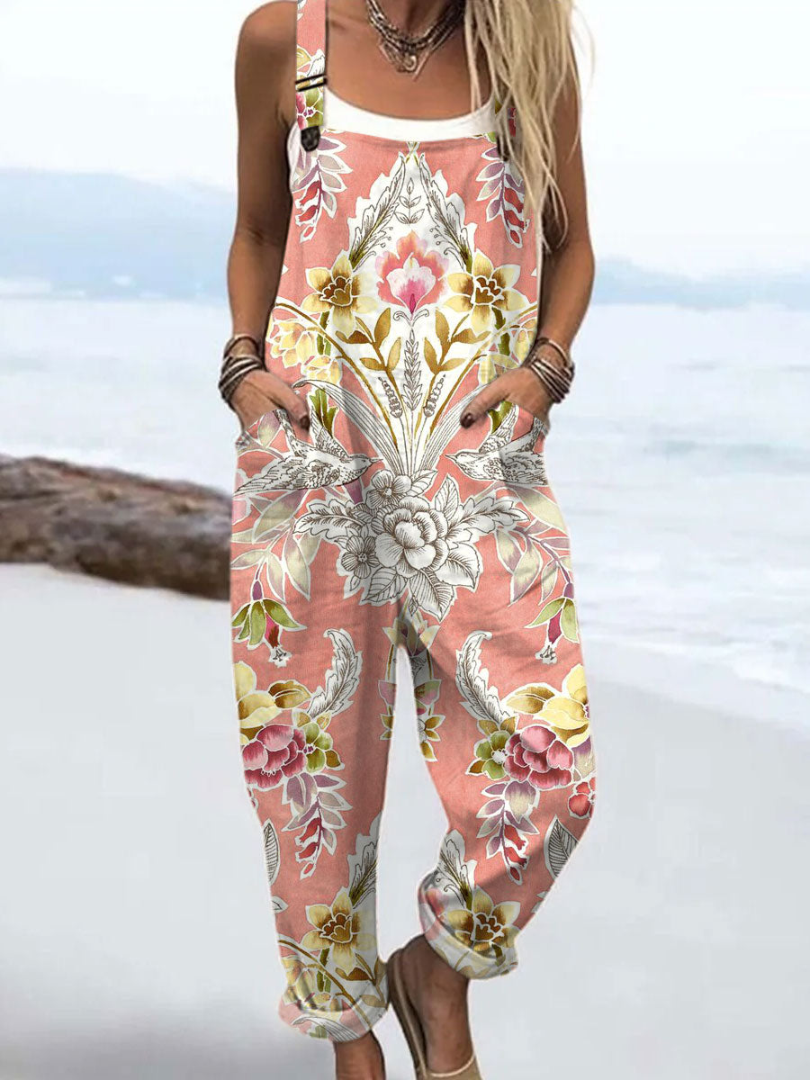 Women's  Vintage Flowers Art Print Casual 100% Cotton Wide Leg Jumpsuit