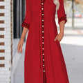 Wine Red Button Plaid Long Sleeve Shirt Collar Dress