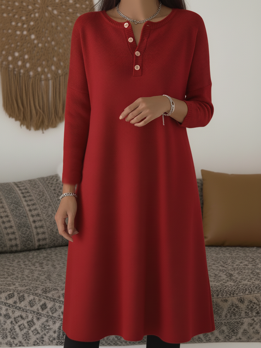 Women's Casual Henley Neck A-line Knitted Midi Dress