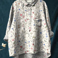 Vintage Style Floral And Berry Pattern Printed Women's Casual Cotton And Linen Shirt