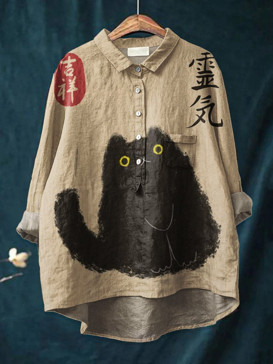 Women's Japanese Cat  Art  Print Casual Cotton And Linen Shirt