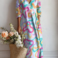 Women's Colorful Noodle Lines Print Linen Pocket Dress