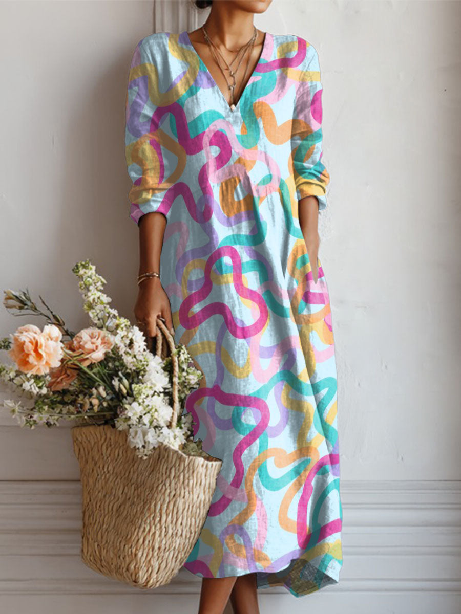 Women's Colorful Noodle Lines Print Linen Pocket Dress