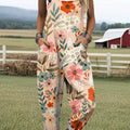 Women's Lovely Floral Birds Pattern Art Print Casual 100% Cotton Wide Leg Jumpsuit